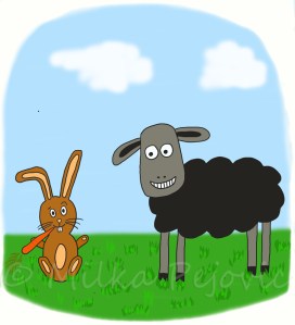 Tablet drawing: rabbit and sheep waiting to play together